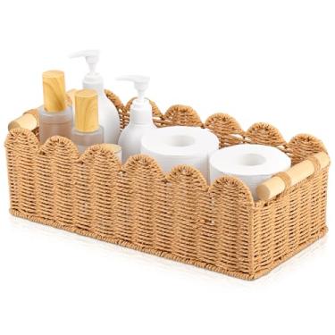 Imagem de Cestas de armazenamento de corda de papel para papel higiênico, cestas decorativas de borda recortada para banheiro, cesta organizadora tecida à mão com alça de madeira, cesta organizadora neutra para