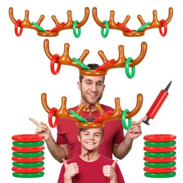 Imagem de SUNDEER Jogo de arremesso de anel de chifre de rena inflável de Natal - jogos de festa de Natal, chapéu de chifre de rena inflável de 4 pacotes com anéis para jogos de família de Natal inter