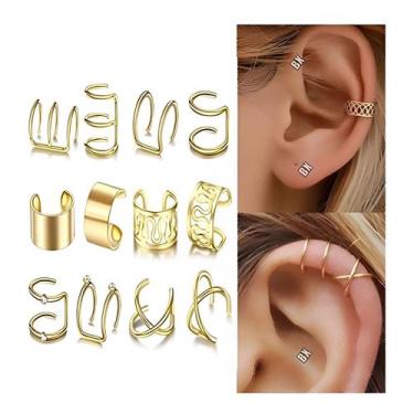 Imagem de Kit 12 Brincos Feminino Pressão Piercings Orelha Ouro Prata Preto - Ou