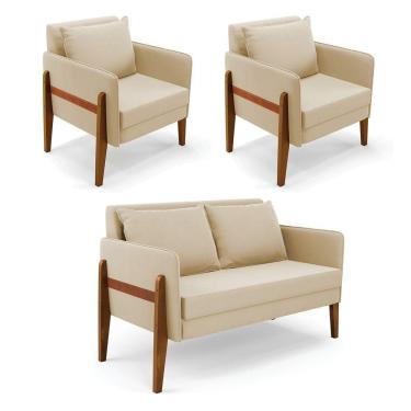 Imagem de Kit 1 Sofá Namoradeira E 2 Poltronas Lana Suede Bege Base De Madeira - D'rossi