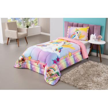 Imagem de Kit Edredom Plush Fofinho Infantil Dupla Face Dream 2 Peças Solteiro - Unicórnio