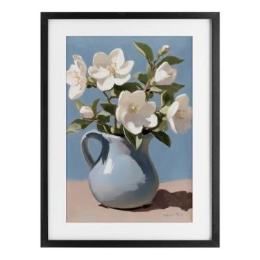 Imagem de Stupell Industries Arranjo marfim em jarro azul impressão emoldurada preta sob vidro, design por Gina Kelly, 20 x 14