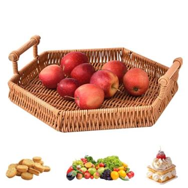 Imagem de Bandeja hexagonal de vime de 28 cm x 7,4 cm – Bandeja de servir grande feita à mão com alças para mesa de centro, otomana, cozinha, uso decorativo