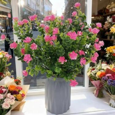 Imagem de 1 pacote com 7 garfos de rosas de eucalipto simuladas, flores artificiais em vaso verde, decoração de casa e decoração de parede (rosa)