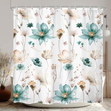 Imagem de LIGHTINHOME Cortina de chuveiro floral em aquarela 182 cm L x 188 cm Boho azul-petróleo rústico flores silvestres botânicas peônia flores plantas crianças meninas tecido tecido impermeável poliéster