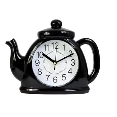 Imagem de Relógio de Parede Analógico Formato Chaleira – Estrutura Preta com Fundo Branco, Decoração Criativa para Cozinha e Casa 26X20