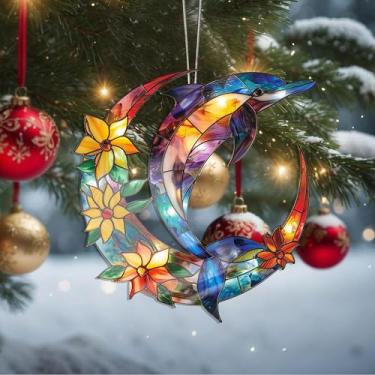 Imagem de Enfeites de Natal para pendurar em cristal de golfinho, enfeites de árvore de Natal feitos à mão, decoração de carro e casa - presentes de Natal, decoração de artesanato em acrílico, ideias de troca