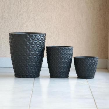 Imagem de Kit Jogo 3 Vasos de Plantas e Flores Coluna Bojo Dimantes com Prato Sala Jardim Casa (Preto)