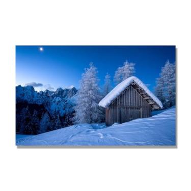 Imagem de NHLDZYH Impressão em tela de paisagem de inverno moderna, (cabana alpina iluminada pela lua), decoração de parede de natureza minimalista para escritório e quarto, decoração de inverno aconchegante