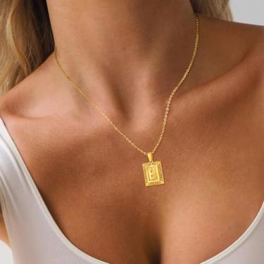 Imagem de Colar com monograma quadrado de ouro A a Z com moldura ornamentada de filigrana pingente de letra estilo barroco corrente de declaração para camadas, F, Aço inoxidável, Sem Pedra Preciosa