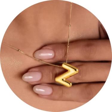 Imagem de Colar feminino com inicial de aço inoxidável banhado a ouro 18K, pingente de letra bolha de A a Z, joia personalizada do alfabeto fofo de A a Z, 18+2in, Aço inoxidável, Sem Pedra Preciosa