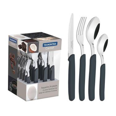 Imagem de Faqueiro Carmel Com Lâminas Em Aço Inox E Cabos De Polipropileno Natural Escuro 24 Peças