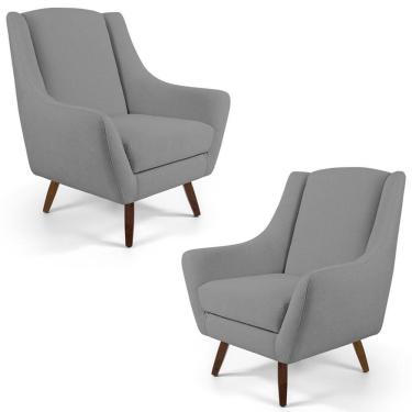 Imagem de Kit 02 Poltronas Decorativas Juliet Pés De Madeira C-416 Linho Cinza Escuro - Domi