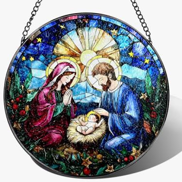 Imagem de Ornamento de captador de sol para presépio de 20 cm, enfeite religioso para pendurar na janela de vitral e presépio, decoração de casa cristã — presentes para Natal, presente cristão, presente