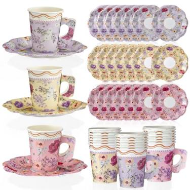 Imagem de FoldTier 24 conjuntos de pratos de papel florais para decoração de chá, xícaras de chá com alças vintage floral à tarde, conjunto de pires para casamento, jardim, dia das mães, bebida quente e fria