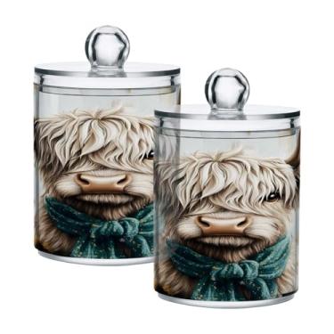 Imagem de Qilmy Little Highland Cow Suporte Qtip pacote com 2, frascos de boticário de 400 ml, vasilha organizadora de banheiro para cotonetes, bolas de algodão, almofadas de maquiagem, fio dental, sais de