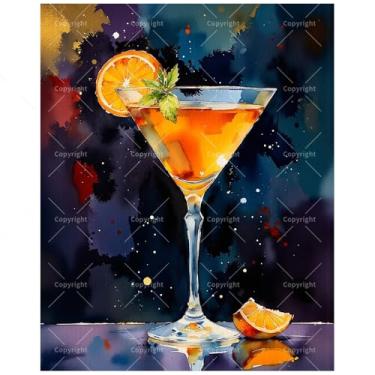 Imagem de Kit de pintura de vidro Martini por números para adultos - coquetel cítrico DIY com pintura em fatia laranja em tela, conjunto de tinta acrílica, adequado para iniciantes, arte para decoração de casa