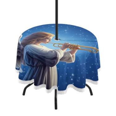Imagem de Qilmy Toalha de mesa redonda à prova d'água Christmas Trumpet Angel 152 cm com orifício para guarda-chuva e zíper – uso externo / interno resistente para pátio, churrascos, piqueniques, festas (serve