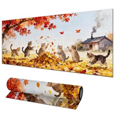 Imagem de HOMETITUTE Mouse pad Cat XL, 81,5 x 29 cm, mouse pad para jogos, teclado grande de diatomita para casa e escritório, acessórios de mesa com folhas de outono, ilustração de gatinhos com base estável