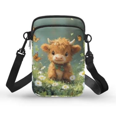 Imagem de CLOHOMIN Bolsa transversal para celular, mini bolsa tiracolo feminina e masculina com bolsos com zíper, Highland Cow Daisy
