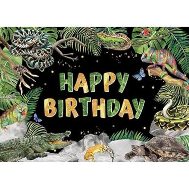 Imagem de AIBIIN 2,1 x 1,5 m com tema de réptil, pano de fundo, feliz aniversário, cobra, lagarto, selva, animal selvagem, fotografia de fundo para decoração de festa infantil, tema de selva, réptil, artigos de