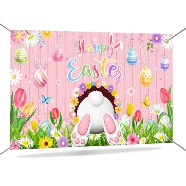 Imagem de Mocsicka Pano de fundo de páscoa azul portas de madeira coelho coelho fotografia pano de fundo feliz ovo de Páscoa decorações de festa banner adereços de cabine de fotos 70,8 x 43,3 polegadas (rosa)