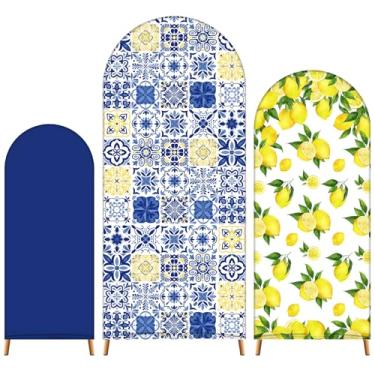 Imagem de Tingjoo Conjunto de 3 capas de fundo de arco mediterrâneo marroquino, 1,2 m, 1,5 m, 1,8 m, decoração de festa de aniversário com tema limão, capas de elastano para banquetes de casamento, suportes não
