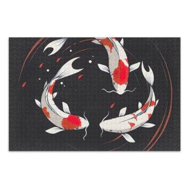Imagem de Quebra-cabeça adulto 500 peças presentes de elefantes brancos Koi peixe natação preto difícil quebra-cabeça animal arte colorida, 50 x 35 centímetros