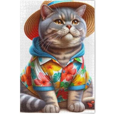 Imagem de Quebra-cabeça engraçado gato fofo para adultos 1000 peças arte floral pintura paisagem quebra-cabeça personalizado elefantes brancos presentes quebra-cabeça, 75 cm x 50 cm