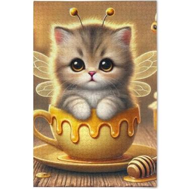 Imagem de Quebra-cabeça de gato fofo de abelha gatinho para adultos 1000 peças, presentes engraçados para jogo de elefante branco, presentes exclusivos com estampa de animais, 75 x 50 cm