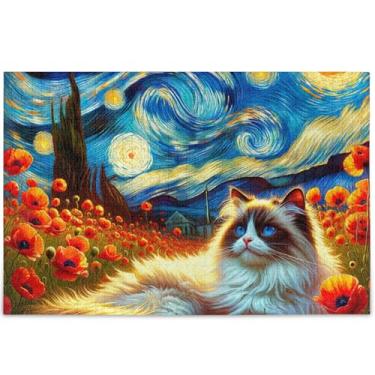 Imagem de Quebra-cabeça de gato Ragdoll com flores noturnas estreladas, 1000 peças, brinquedo de arte para adultos para a família, presentes exclusivos, presentes tecnológicos, 75 x 50 cm