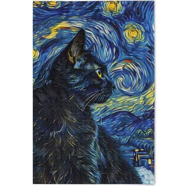 Imagem de Quebra-cabeça adulto noite estrelada gato preto personalizado 1000 peças elefante branco paisagem animal arte colorida, 75 x 50 cm