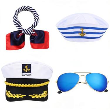 Imagem de GarrbGrrl Conjunto de chapéu de capitão - cachecol e óculos de sol azuis - fantasia de marinheiro de iate para festas, cruzeiros e Halloween
