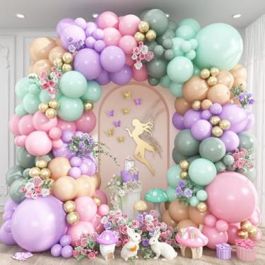 Imagem de Kit de guirlanda de balões rosa, balões dourados verdes roxos, conjunto de arco de balão de látex para festas de aniversário, chá de bebê, casamento e decorações de festa de meninas
