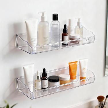 Imagem de Prateleiras flutuantes transparentes, prateleiras de parede para organizadores e armazenamento de banheiro, prateleira ou parafusos adesivos de instalação bidirecional de cozinha, borda resistente