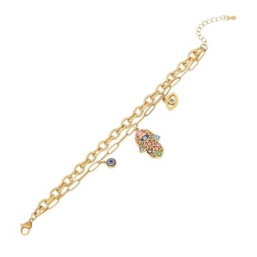 Imagem de Pulseiras de mão Hamsa com pingente de olho turco banhado a ouro pulseiras de corrente grossa verão praia boho pulseira ajustável joias presentes de festa de aniversário dos namorados para mulheres