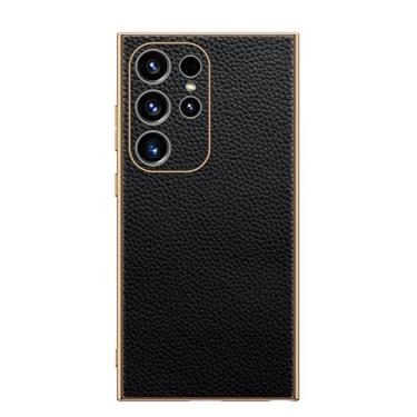 Imagem de LYJSMGZ Capa de couro genuíno para Samsung Galaxy S25 Ultra/S25 Plus/S25, à prova de choque, luz de orifício de lente de câmera de precisão, revestimento de luxo, capa fina dourada, preta, S25 Plus