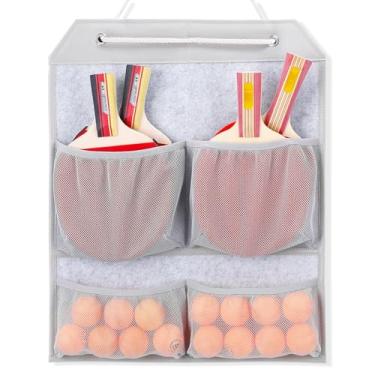 Imagem de VISEMAN Rack de armazenamento de pingue-pongue, suporte de raquete de tênis de mesa organizador de parede para 4 pás e bolas