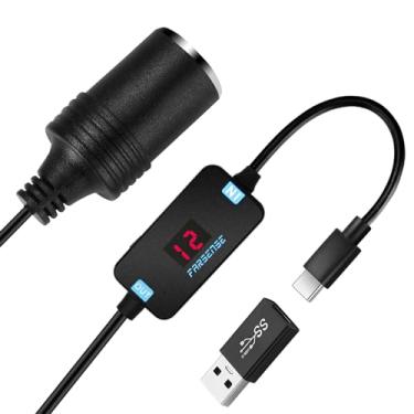 Imagem de FARSENSE Adaptador USB A para isqueiro de 12 V (36W) - USB C macho para isqueiro fêmea Cabo de gatilho PD (2 pés) com tensão de comutação e tensão de exibição, para câmera de painel, GPS, etc
