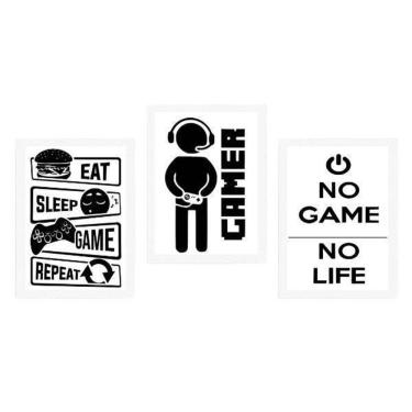 Imagem de Kit 3 Quadros Decorativos Gamer 45X34 C/Vidro Madeira Branca
