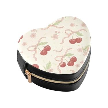 Imagem de Burbuja Caixa de joias em forma de coração de cereja mini estojo de joias de viagem para mulheres e meninas, estojo portátil organizador de armazenamento para brincos, anéis, colares e pulseiras