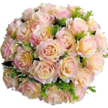 Imagem de Buquê de Rosas Artificiais com Folhagem – Kit com 2 Unidades (24 Flores Cada) para Decoração, Casamento e Ambientes Internos(Creme claro 4581/3916,1)