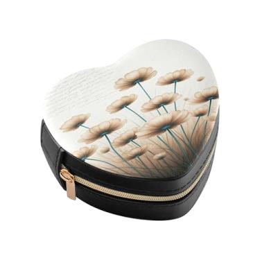 Imagem de Burbuja Caixa de joias bege marrom com flores de papoula em forma de coração, mini estojo de viagem para mulheres e meninas, organizador portátil de armazenamento para brincos, anéis, colares e