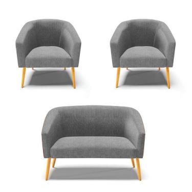 Imagem de Namoradeira e 2 Poltronas Pé Palito Castanho Stella Nozes/Linho Grafit