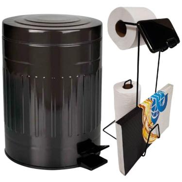 Imagem de Lixeira Retrô Preta 5 Litros MOR com Suporte para Papel Higiênico 3 Rolos EVALD