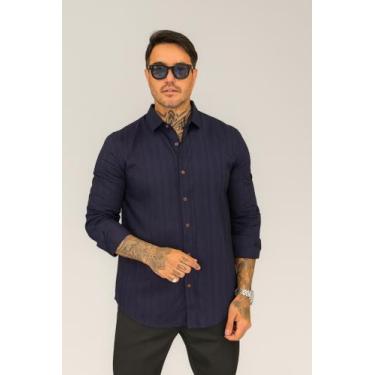 Imagem de Camisa Manga Longa Masculina Maquinetado - Genérico, Azul marinho, P