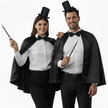 Imagem de Fantasia Mágico Adulto de Carnaval Kit Capa Preta De Cetim Mini Cartol