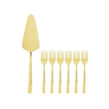 Imagem de Cj 1 Espátula P/Cortar Bolo 24,5cm C/6 Garfos P/Sobremesa 14,5cm em Aço Inox Viena Dour...