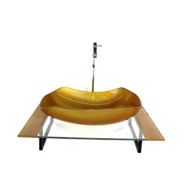 Imagem de KIT CUBA DE VIDRO ABAULADA COM TAMPO 60CM DOURADO REAL E SUPORTE PRETO