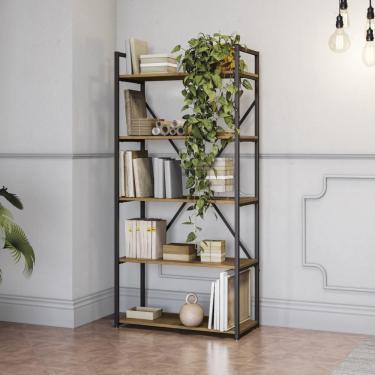 Imagem de Estante Alta Industrial Kappesberg Escritório Sala 5 Prateleiras Base Metal MDP Marrom Madeira